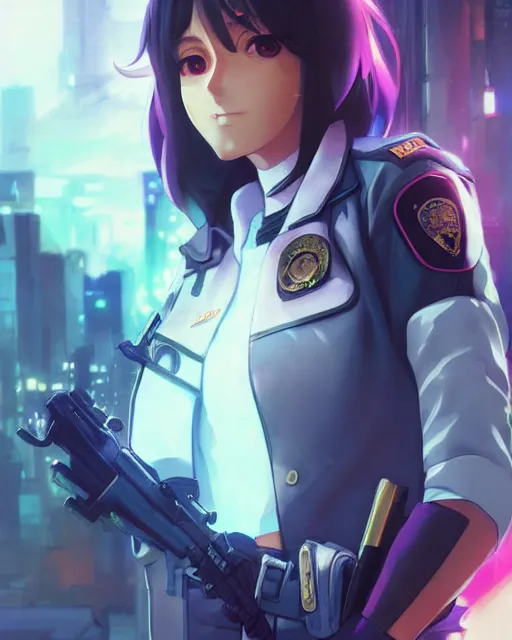 Image similar to anime key visual of elizabeth olzen as a police officer, neon, cyberpunk, futuristic, stunning, highly detailed, digital painting, artstation, smooth, soft focus, illustration, art by artgerm and greg rutkowski and alphonse mucha