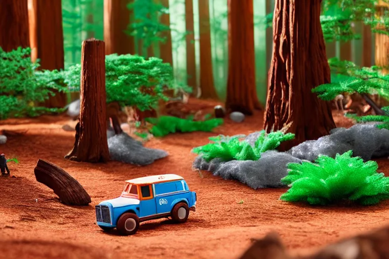 Image similar to fisher price redwood forest, california scene from tv show hyper detailed 5 5 mm 8 5 mm, toy photography, made out of plastic