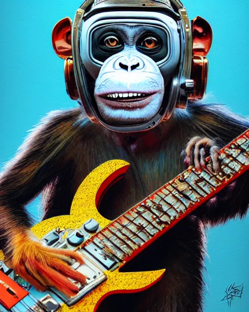 Image similar to a portrait of an anthropomorphic cyberpunk monkey in a leather helmet shredding an electric guitar by sandra chevrier, by jon foster, detailed render, tape deck, epic composition, cybernetics, 4 k realistic, cryengine, realistic shaded lighting, sharp focus, masterpiece, by enki bilal