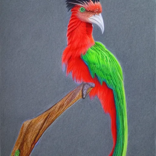 Image similar to a color pencil drawing of a quetzal bird by natalia rojas and ana maria martinez jaramillo, pastel color, wingspan, realistic graphite, high quality, artstation, 4 k, realism, photorealism, fine art