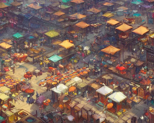 Image similar to colorful, bustling marketplace in a great kitsune city, a fantasy digital painting by Greg Rutkowski and James Gurney, trending on Artstation, highly detailed