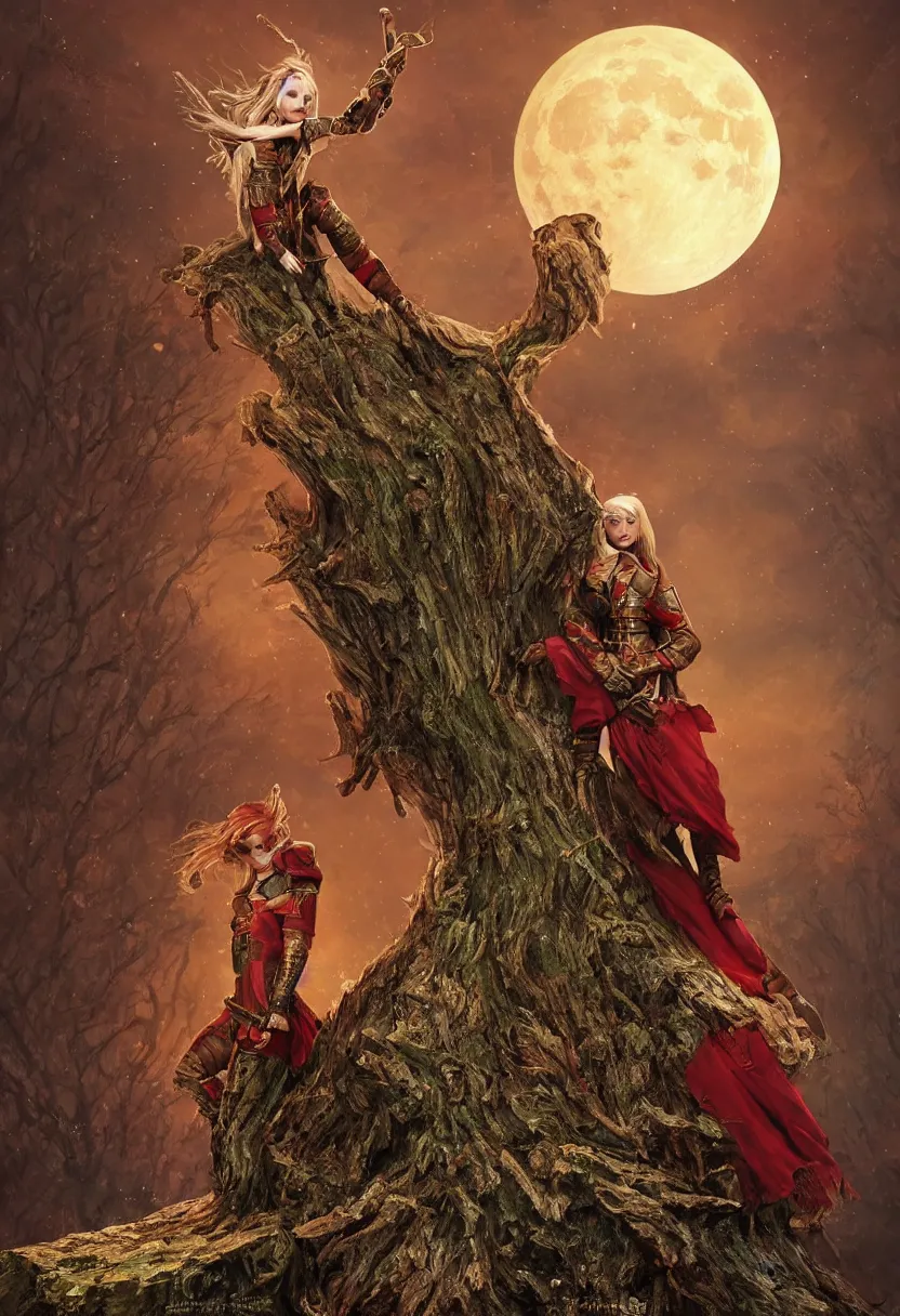 Image similar to a blonde medieval female soldier standing on a short treestump, red lunar eclipse, detailed, fantasy, in the style of Anna Podedworna, Bryan Sola, Bartlomiej Gawel, Bogna Gawrońska, Ástor Alexander, Bogdan Rezunenko, Gwent, epic composition, red background