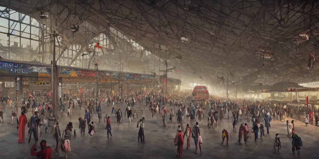 Image similar to cinematic movie scene, establishing shot, precise architectural rendering, interior of an india railway station, bustling with people, detailed illustration, sharp focus, concept art, unreal engine, octane render, aesthetic