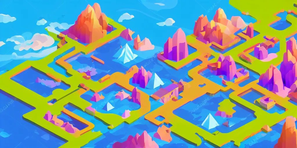 Image similar to an isometric colorful videogame world, epic mountains, azure ocean in the background, blocks