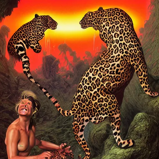 Image similar to leopards wearing leopard animal print clothing, dancing around in a fire drinking and laughing, magical bright world, volumetric lighting, Artwork by Richard Corben + Mark Arian + Wayne Barlowe + Boris Vallejo + Julie Bell + Zdzisaw Beksinski + Ed Binkley + Mark Brooks + Jean Delvil