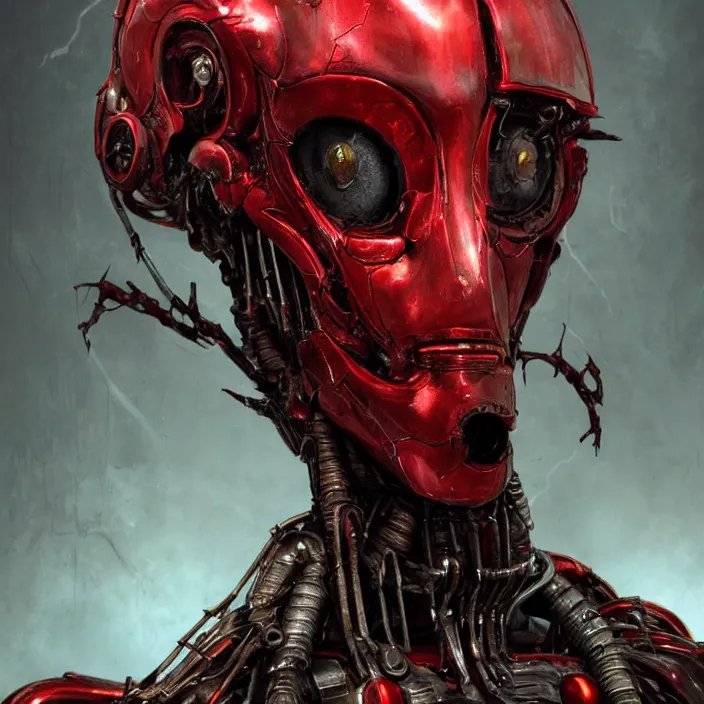 Image similar to h. r. giger esque portrait of an evil ruby ultron from age of ultron, clockwork steampunk, mangled, battle - damage, head and chest only, by beksinski, 4 k, deviantart, trending on artstation