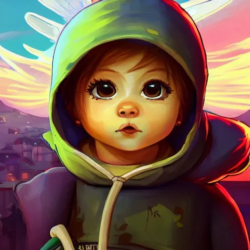 Image similar to baby Angel, baby cherub,wearing angel halo, ski mask, balaclava, face covered, wearing angel halo covered face, orange hoodie, hip hop, multiple golden necklaces, fantasy art apex fortnite Video game icon, 2d game art gta5 cover , official fanart behance hd artstation by Jesper Ejsing, by RHADS, Makoto Shinkai and Lois van baarle, ilya kuvshinov, rossdraws