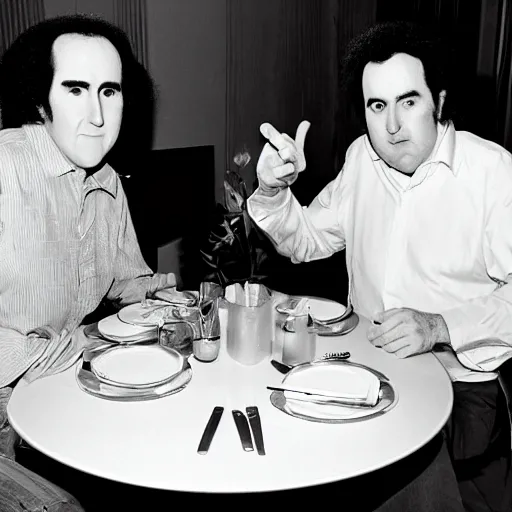 Prompt: Andy Kaufman and Charlie Kaufman having dinner together, photography,