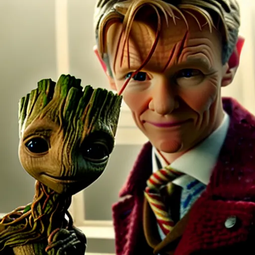 Image similar to newt scamander taking care of baby groot from guardians of the galaxy, film still from the movie, directed by david yates