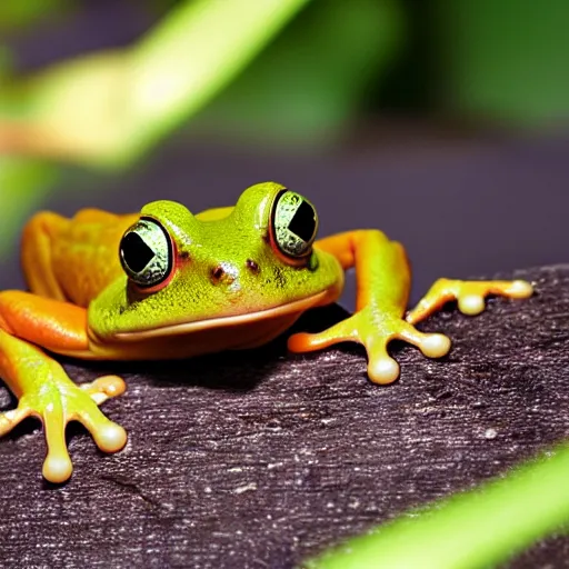Prompt: photo orange frog with teal eyes