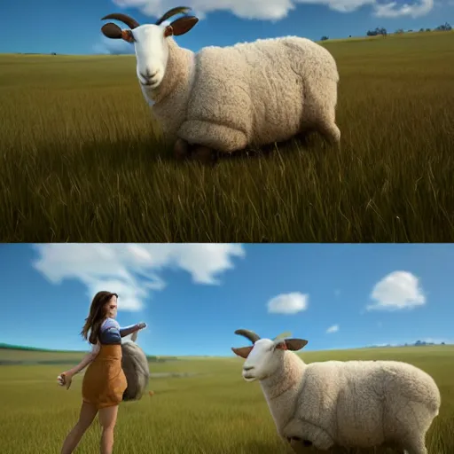 Image similar to girl riding a giant sheep in a field, trending on artstation