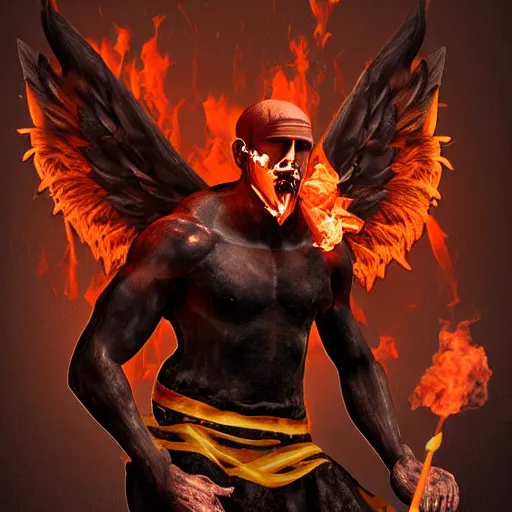 Prompt: fire-eating angel at top of the Mountain. Muscular covered with black toga. High resolution. Digital art. Einar Jonsson. Artstation.