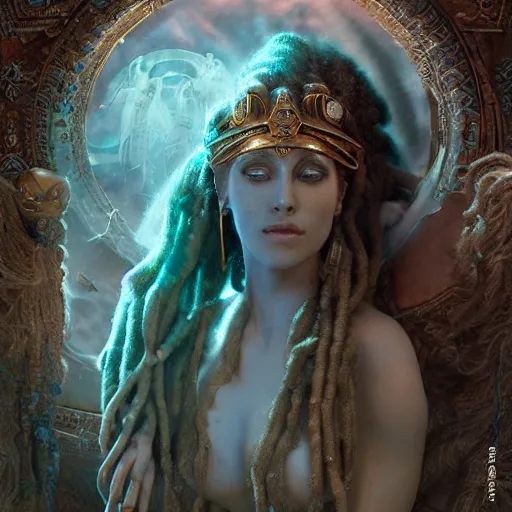 Image similar to unreal engine, octane render, 8 k birth of sumerian goddess inanna ishtar, ashteroth, techno mystic goddess princess intergalactica, with aqua neon rapunzel dreadlocks, mami wata, detailed, by gaston bussiere, bayard wu, greg rutkowski, giger, maxim verehin, greg rutkowski, masterpiece, sharp focus,