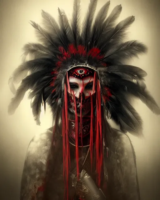 Image similar to the ghost - spirit of the grim - warpaint wears the scarlet skull armor and native blood headdress feathers, midnight fog - mist!, dark oil painting colors, realism, cinematic lighting, various refining methods, micro macro autofocus, ultra definition, award winning photo