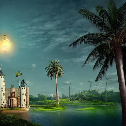 Prompt: a castle surrounded by giant palm trees on a giant floating island in the sky, giant light bulb glowing in the sky, cinematic, digital art by erik johansson, 8 k resolution, hyper detailed, sharp focus