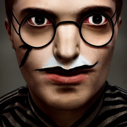 Prompt: Portrait of Harry Potter with highly stylized, geometric face makeup, intricate