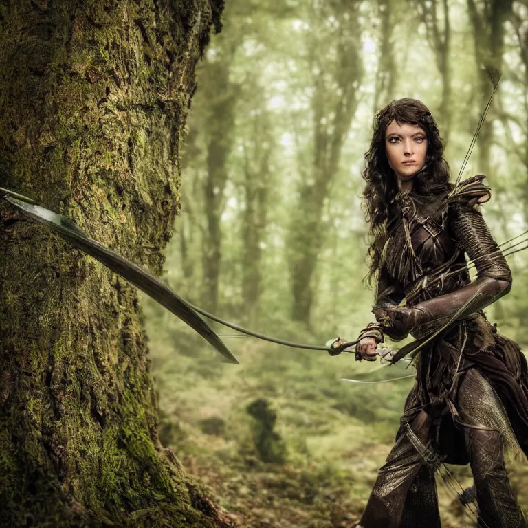Prompt: 5 5 mm portrait photo of an armored gorgeous anesthetic dark haired woman archer, in a magical forest in the style of lord of the rings, highly detailed 8 k. intricate. lifelike. soft light. nikon d 8 5 0. cinematic post - processing