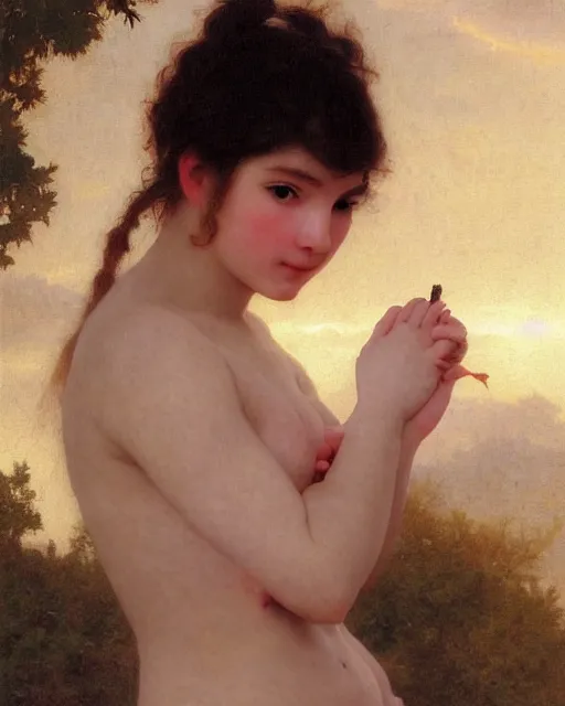 Prompt: beautiful glorious realistic oil painting of young bjork, bokeh, baroque style by bouguereau, sunset, highly detailed, 8 k intricate