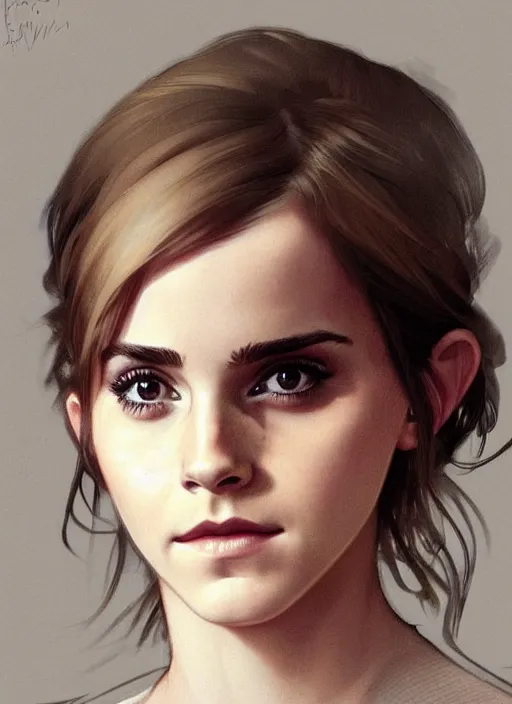 Image similar to emma watson looking into the camera with mischievous grin. beautiful detailed face. by artgerm and greg rutkowski and alphonse mucha