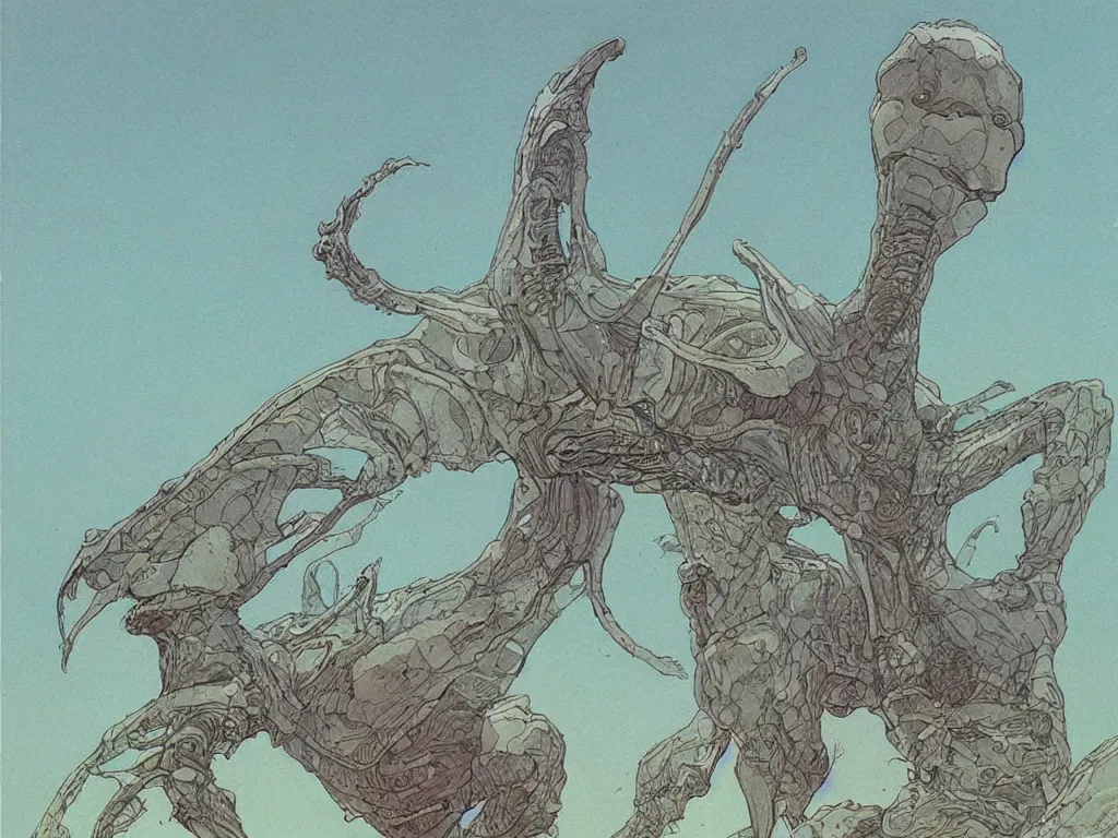 Prompt: moebius drawing painting alien landscape strange flying forms