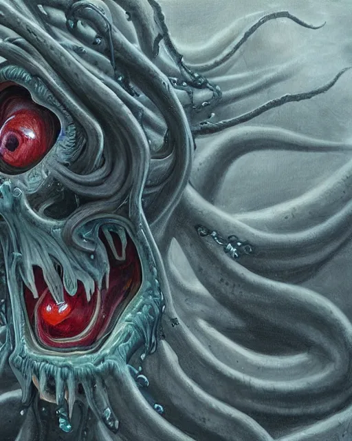 Image similar to Haunting horrifying detailed painting of a tall skinny extraterrestrial squid monster made of gelatinous fluid, floating teeth and bloodshot eyeballs, hyper detailed, trending on Artstation