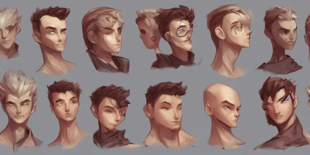 Prompt: concept art of single boy, game characters head designs, hearthstone, unique heads, casual wear, by marc brunet and artgerm, color comics style, clean line