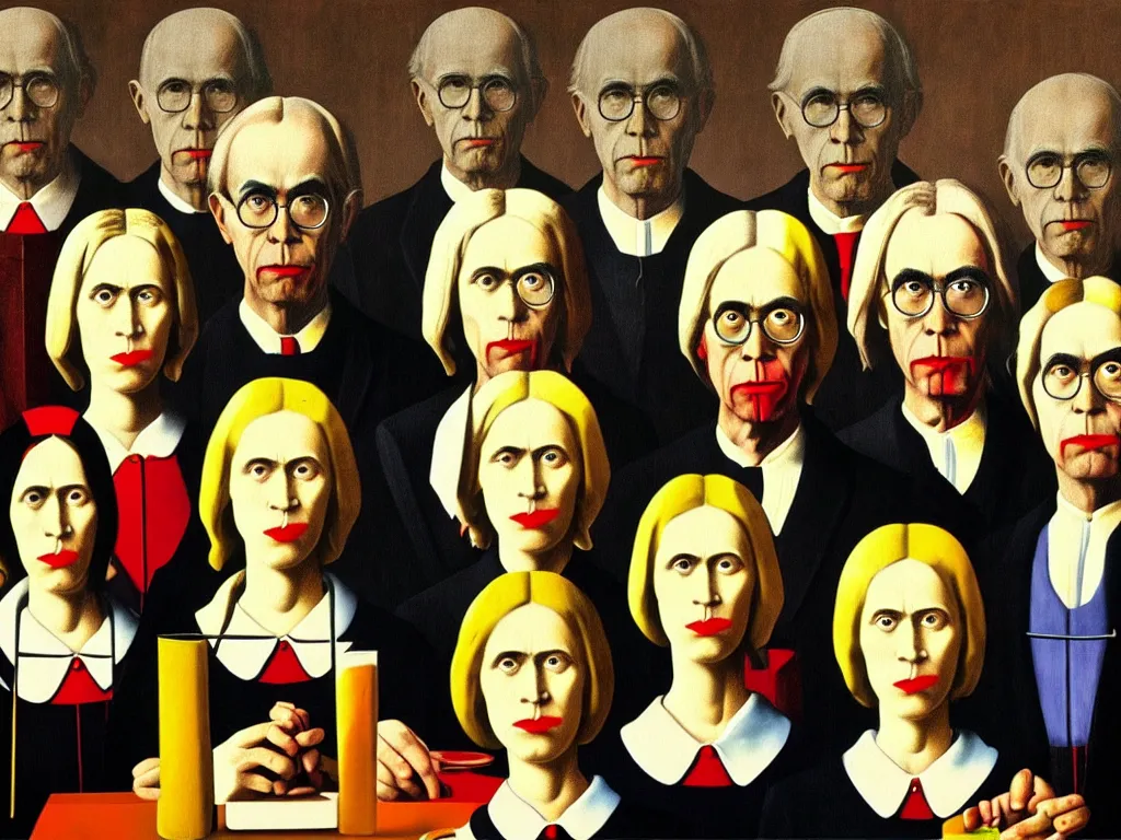 Prompt: crowded last supper american gothic painting magritte, renaissance, detailed faces, in the style of Andy Warhol pop art