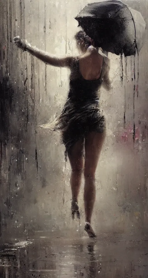 Image similar to painting of a beautiful girl, dancing in the rain, by Jeremy Mann and Jason Jenicke, highly detailed, stylized, loose brush strokes, intricate, realistic, exaggerated lighting, dramatic lighting, sense of scale, sense of movement, sensual