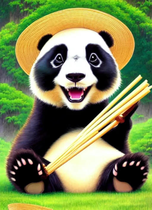 Prompt: cute panda wearing straw hat trading card design, natural lighting, path traced, highly detailed, high quality, digital painting, by don bluth and ross tran and studio ghibli and alphonse mucha, artgerm