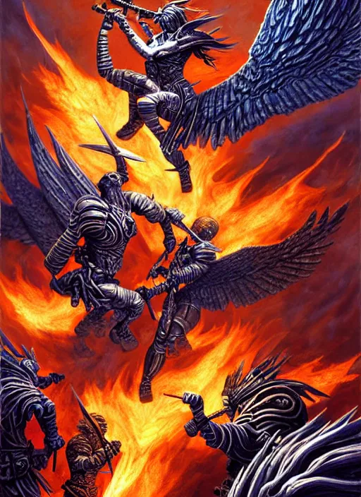 Image similar to dynamic bibilical depiction battle scene of aggressive winged silver warriors with fire crowns, d & d, muscular! crossfit, fitness, tight wrinkled cloath, vivid color scheme, atmospheric perspective, fantasy, intricate, elegant, highly detailed, digital painting, smooth, sharp focus, art by ed emshwiller and jesper ejsing