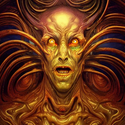 Image similar to photorealistic eldritch alien god in the style of michael whelan and gustave dore. hyperdetailed photorealism, 1 0 8 megapixels, amazing depth, glowing rich colors, powerful imagery, psychedelic overtones, 3 d finalrender, 3 d shading, cinematic lighting, artstation concept art