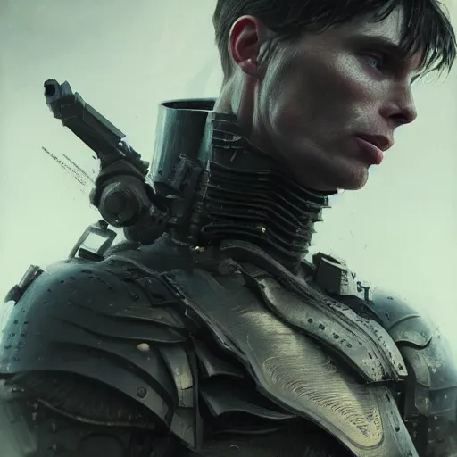 Prompt: cillian murphy portrait, dystopia core, apocalyptic, armor, warrior, dramatic, sharp focus, fiction, neon, fantasy, hyper detailed, digital art, trending in artstation, cinematic lighting, studio quality, smooth render, unreal engine 5 rendered, octane rendered, art style and nixeu and wlop and krenz cushart