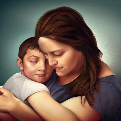 Prompt: illustration beautiful cinematic hyperrealism style where a mother appears with her happy son, image margin with 1 5 px