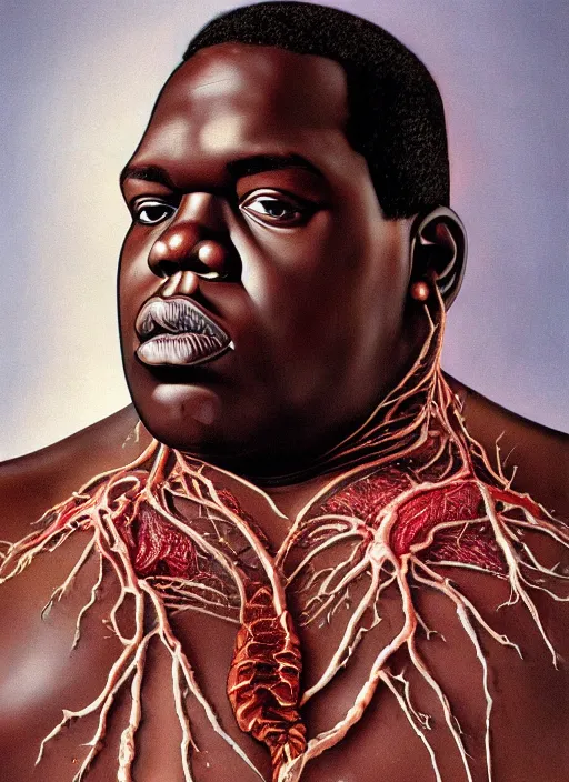 Image similar to portrait of the Notorious BIG with translucent skin, visible muscles and veins and arteries and bones and spines and nerves, beautiful detailed intricate insanely detailed octane render, 8k artistic photography, photorealistic, chiaroscuro, by David Cronenberg, Raphael, Caravaggio