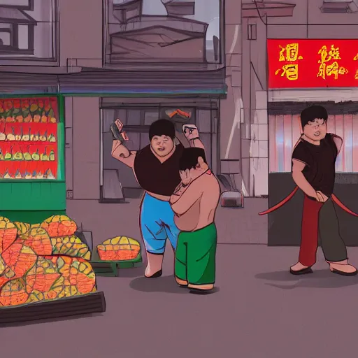 Prompt: A Chinese fat man is quarrelling with a Chinese local ruffian. The background is a watermelon stall on the street.,digital art,trending on artstation.