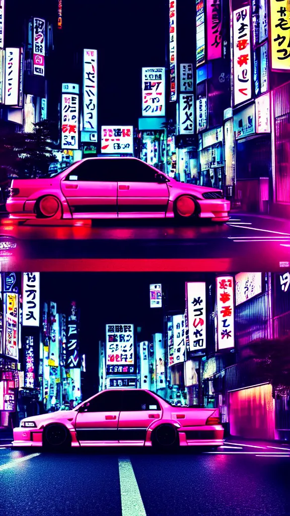 Image similar to a car drift spec JZX100 in middle of road, shibuya prefecture, city midnight neon lights, cinematic color, photorealistic, highly detailed