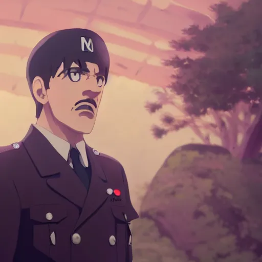 Image similar to a film still portrait of angry hitler, finely detailed features, cinematic lighting, anime key visual, trending on pixiv fanbox, painted by makoto shinkai, studio ghibli, greg rutkowski, wlop