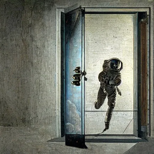 Image similar to photo - realism, space astronaut opening door that shows space and time created by leonardo davinci with extra detail, epic.