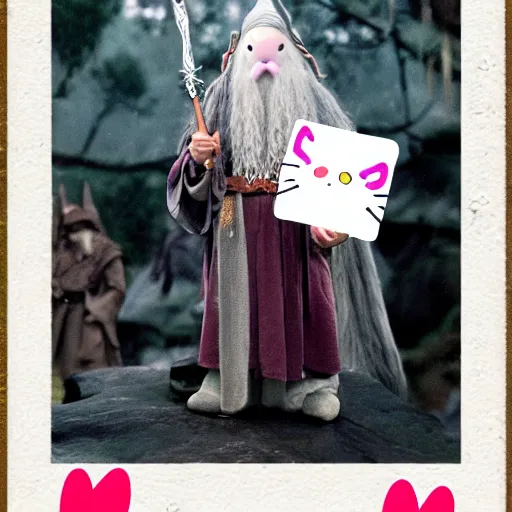 Image similar to portrait of Gandalf dressed up as hello kitty, holding up a playing card to the camera, movie still from Lord of the Rings