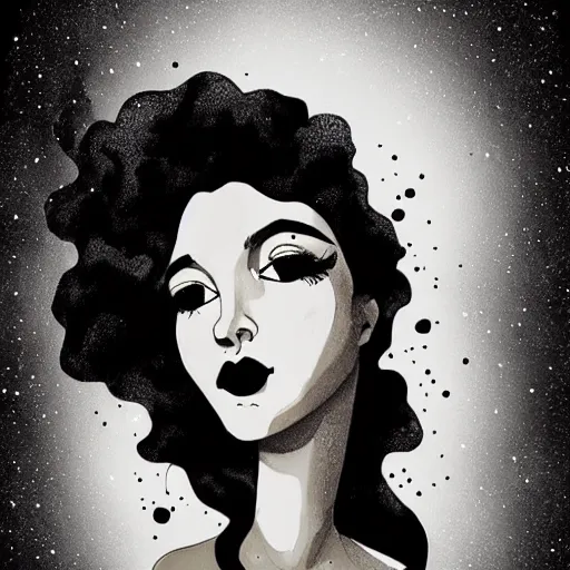 Prompt: A black ink portrait of a lonely beautiful woman with slightly opened lips and the the constellation in her black flowing hair, Trending on artstation