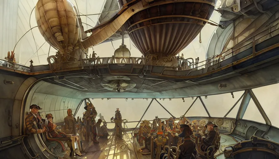 Prompt: airship interior bridge of warship, captain and bridge crew, french baroque, napoleonic, dieselpunk science fiction, steampunk, sharp, concept art watercolor illustration by mandy jurgens and alphonse mucha, dynamic lighting