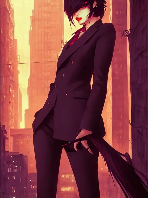 Image similar to full body picture of a mafia madam in the night city, bored, beautiful and aesthetic, intricate, unreal engine, messy hair, highly detailed, detailed face, smooth, sharp focus, chiaroscuro, manga illustration, artgerm, greg rutkowski, ilya kuvshinov, rossdraws, alphonse mucha, young adult light novel cover art