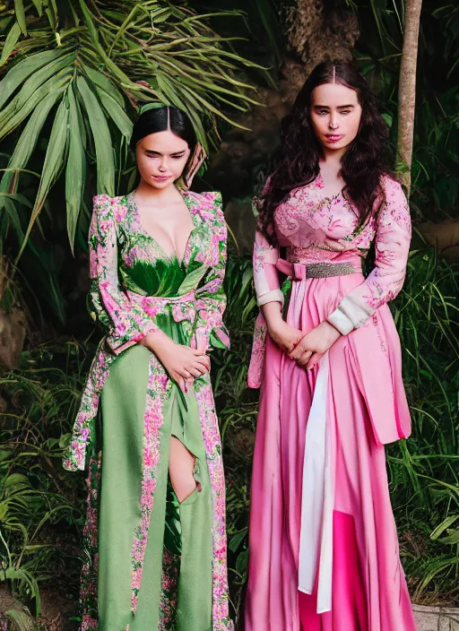 Image similar to portrait of demi rose and emilia clarke wearing green kebaya and pink silk belt, bali, by charlotte grimm, natural light, detailed face, beautiful features, symmetrical, canon eos c 3 0 0, ƒ 1. 8, 3 5 mm, 8 k, medium - format print,