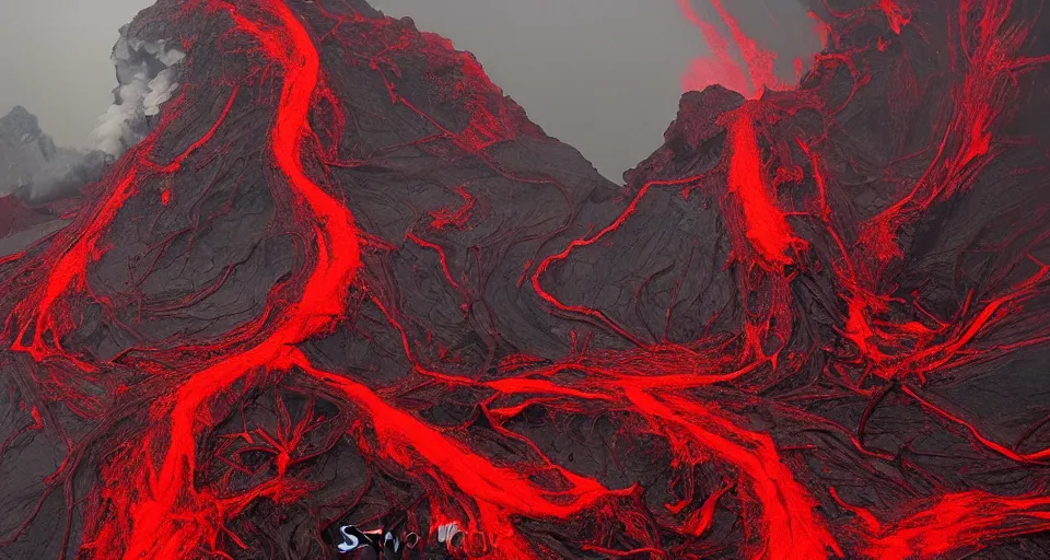 Prompt: a volcano made of ivory vines and crimson rocks enters in eruption, it spits a smoke in the shape of demonic eye, by Steve Argyle