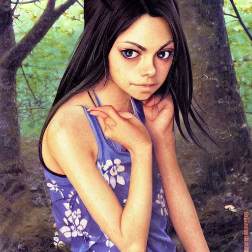 Prompt: anime mila kunis by by Hasui Kawase by Richard Schmid