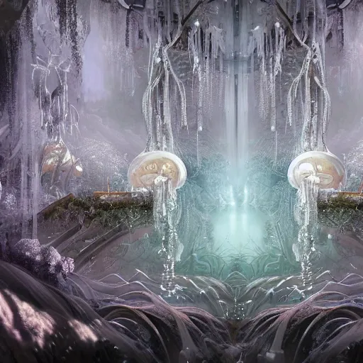 Image similar to under an white intricate like jewels epic forest suspended in the air upside down, a white pool with intricate epic circles of water within which float phantasmagoric female robots, dressed in intricate veils and jewels, epic environment, matte painting, diffused lighting, highly detailed, cinematic, epic atmosphere, digital art, trending on artstation, wide angle
