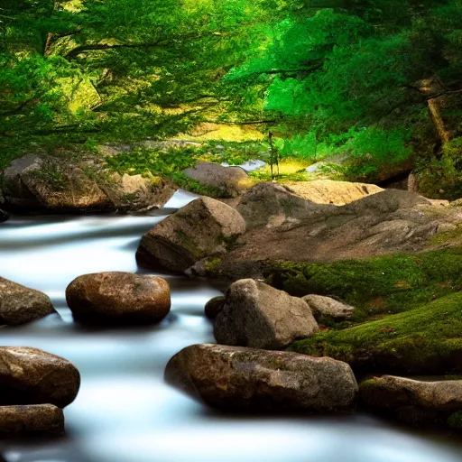 Image similar to a beautiful landscape, river, rocks, trees, volumetric lighting