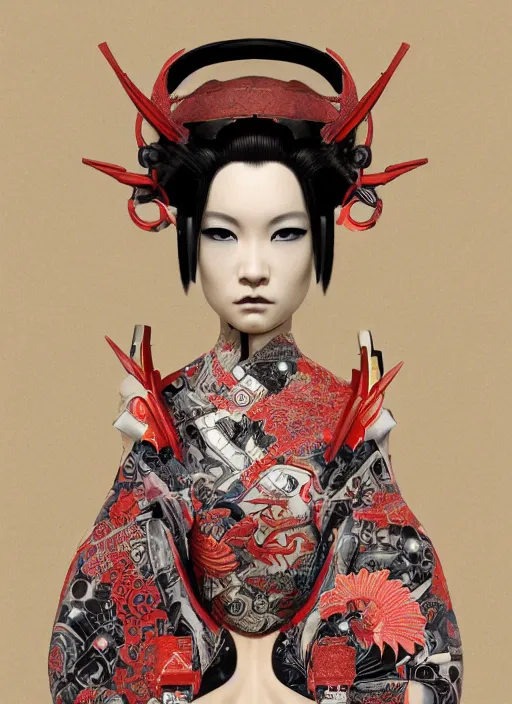 Image similar to portrait of a seductive cyberpunk geisha yakuza, imari, modern fine art, fractal, in the style of ex - machina, intricate ornaments, elegant, highly detailed, digital photography, subsurface scattering, by mc escher and greg rutkowski,