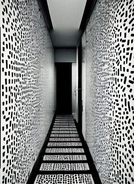 Image similar to photograph of a hallway decorated by Keith Haring, architecture magazine, dezeen, 50mm, pentax, film