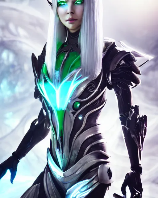 Image similar to perfect white haired attractive egyptian goddess, warframe armor, beautiful, symmetric, dreamy, half asian, pretty face, green eyes, charlize theron, detailed, scifi platform, laboratory, experiment, 4 k, ultra realistic, epic lighting, android body, illuminated, cinematic, masterpiece, art by akihito tsukushi, voidstar